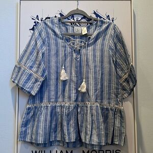 Cotton linen striped blouse with tassel trim